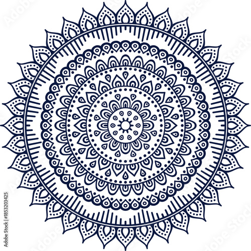 Intricate Dark Blue Mandala Design on White Background