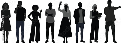Business people silhouettes in black showing diverse professionals in various poses for corporate team workforce office employment collaboration human resources organizational structure concept
