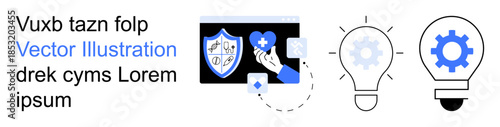Cybersecurity, healthcare, innovation, protection, ideas, technology. Scene features a shield with a heart, a hand interacting with elements and light bulbs. Cybersecurity and healthcare ideas