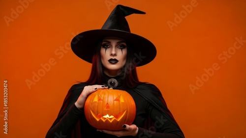 Woman in black witch costume holding jack-o-lantern on orange background