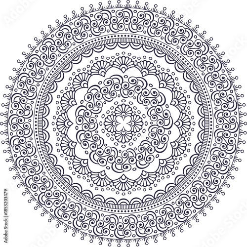 Intricate dark blue circular mandala pattern on white
