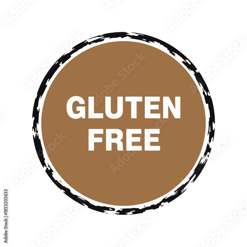 Gluten free brown circular badge with white text and rough textured border for celiac safe wheat free grain free allergy friendly dietary health nutrition food certification