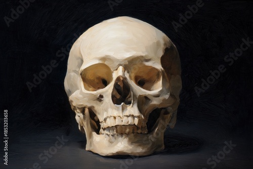 Intriguing oil painting capturing the essence of a front facing human skull in a deep, shadowy background