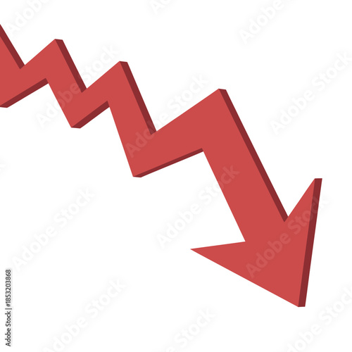 Red downward trending arrow showing financial market decline loss recession economic downturn negative growth business performance decrease chart indicator