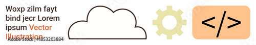 Technology development, cloud computing, coding, programming, software, UI design. Abstract icons including a cloud, gear and code symbol. Cloud computing and technology development concepts