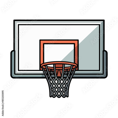 Basketball hoop backboard with net and orange rim mounted on white rectangular board for sports equipment recreation game court facility design icon