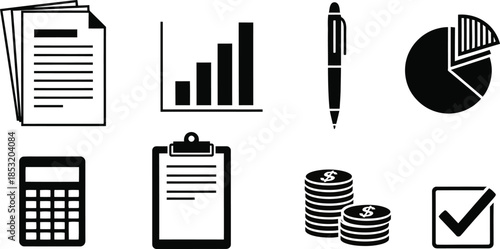 Group Of Business And Financial Icons On White Background document papers