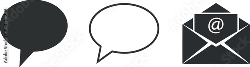 Speech bubble icons and email envelope with at symbol on white background chat message