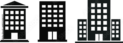 Three black building icons with windows and doors on white background architecture