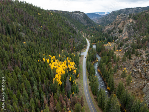 Aerial View of Winding Mountain Road in the Mountains of Colorado in the Fall