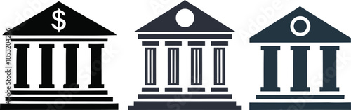 Three Stylized Bank Building Icons With Different Designs finance government