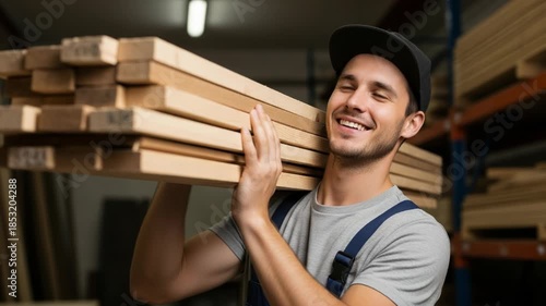 Smiling worker carrying stack of lumber in warehouse