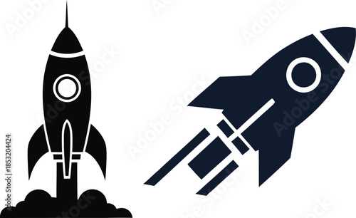Two Rocket Ship Icons One Launching One Flying rocket, spaceship, space, launch