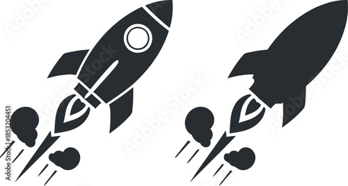 Two rocket ship icons with exhaust flames on white background spaceship launch
