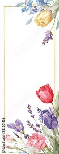 Celebrate spring with a vibrant floral border featuring tulips, roses, and lavender in soft pastel tones