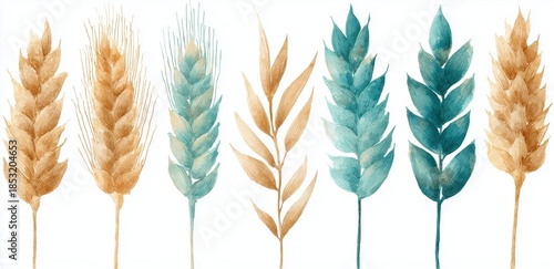 Wheat and teal botanical art featuring delicate plant forms in a serene composition