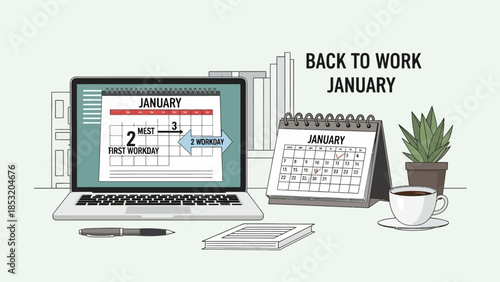 Desk setup with laptop calendar and coffee cup ready for work.
