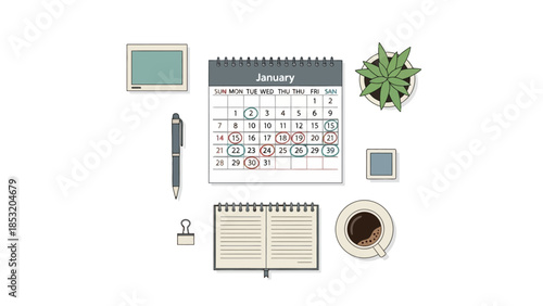 Desk items for planning and organization including a calendar and notebook.