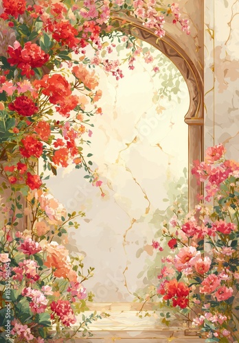 Dreamy floral archway invites you to a serene garden retreat filled with vibrant colors and natural beauty