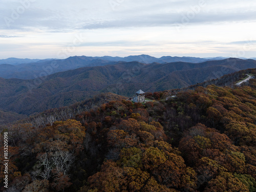 Aerial View of the Wayah Bald Fire Lookout in Western North Carolina in the Fall