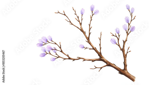 Pastel watercolor painting of spring twigs with lavender flowers, renewal