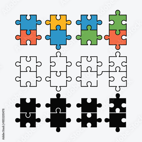 A collection of various colored and black white jigsaw puzzle pieces connecting together perfectly
