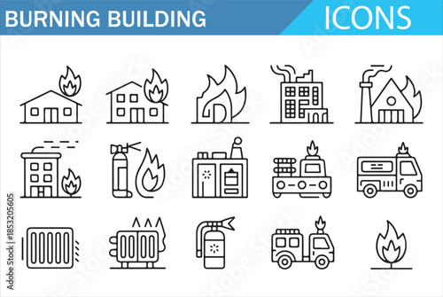 Burning Building and Fire Safety Icons Set for Emergency Response