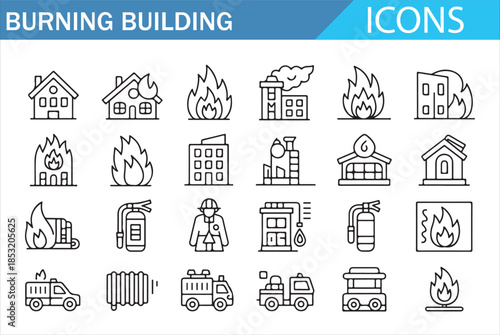 Firefighter and Fire Emergency Line Icons Collection Vector Illustration