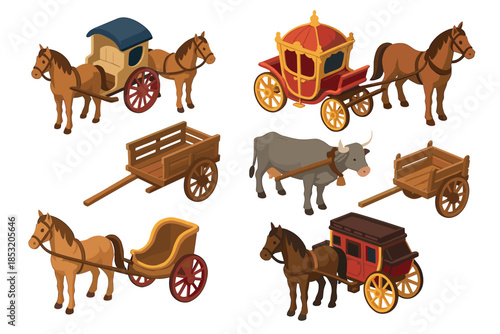 Various animal-drawn carriages and carts illustrate historical transportation methods, including elegant coaches, simple wagons, and a bullock cart, presented in an isometric vector style.