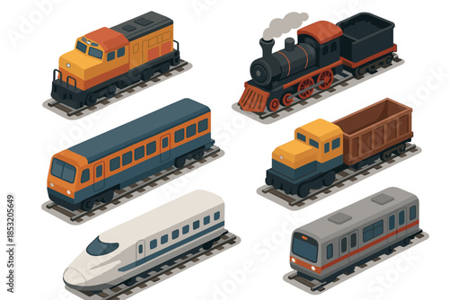 Trains, locomotives, and rail vehicles collection presented in an isometric flat design style, illustrating different modes of transportation on tracks.