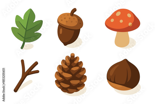 Charming collection of autumn forest elements including a green leaf, acorn, mushroom, twig, pinecone, and chestnut, presented in a delightful flat illustration style.