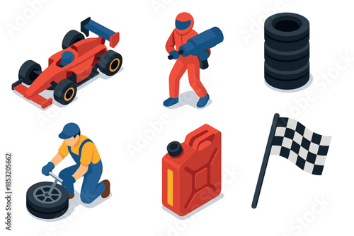 Isometric racing elements collection featuring a race car, pit crew mechanic, stack of tires, fuel can, and checkered flag for motorsport design.