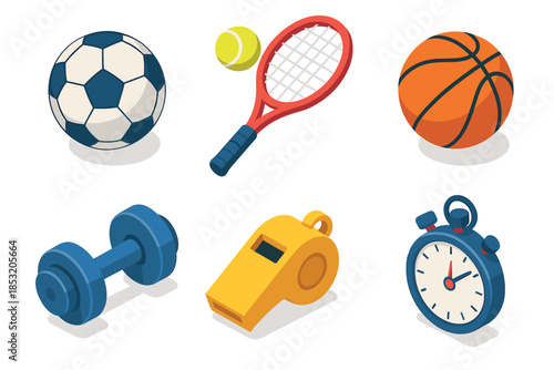 Various isometric sports and fitness equipment items are neatly arranged, showcasing essential gear for athletic activities and healthy lifestyle pursuits.