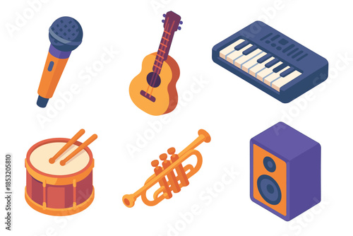 Wallpaper Mural Musical instruments and audio equipment collection in isometric style features a microphone, guitar, keyboard, drum, trumpet, and speaker for music production. Torontodigital.ca