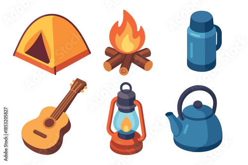 Camping and outdoor adventure equipment items are beautifully illustrated in an isometric style, perfect for depicting a wilderness journey or nature exploration.