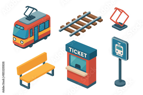 Public transportation elements including a tram, railway tracks, ticket booth, and station sign are neatly arranged in an isometric vector illustration.