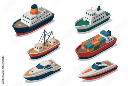 Various boats and ships in an isometric design style showcasing different types of marine vessels for transportation, cargo, and leisure activities.
