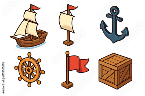 Collection of cartoon nautical adventure items including a sailing ship, anchor, helm, flag, and wooden crate, perfect for games or children's stories.