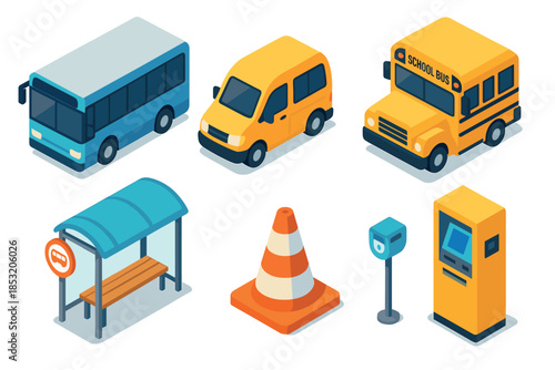 Various isometric transportation elements and urban infrastructure illustrations depicting public transit, commercial delivery, school travel, and street management components.