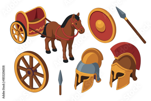 Ancient Roman and Greek military equipment collection featuring chariot, horse, shield, spears, and helmets, illustrating historical battle gear.
