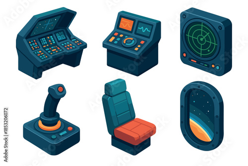 Spaceship control room elements are depicted in a detailed isometric vector illustration, showcasing various futuristic instruments, displays, and a pilot's seat.