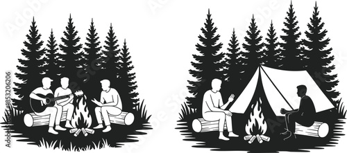 Black Camping and Campfire Silhouettes Set, People Relaxing, Playing Guitar, and Sitting by Tent in Forest for Outdoor Summer Adventure Design