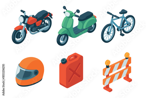 Motorcycle, scooter, bicycle, helmet, gas can, road barrier are part of a colorful isometric set representing various modes of transport.