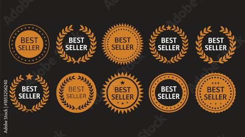 Ten orange and gold bestseller badges and seals with laurel wreaths and stars on a dark background Keywords: bestseller, badge, seal, award, recognition, success, top, best, ranking, sale