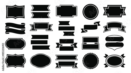Assortment of Black Decorative Labels and Ribbons on White banner frame