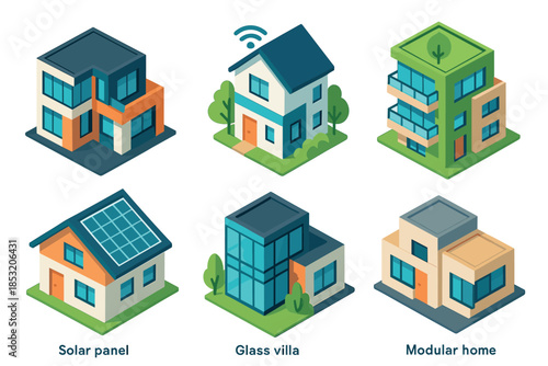 Various contemporary homes and buildings are depicted in an isometric style, showcasing modern architecture, smart technology, and sustainable living concepts.