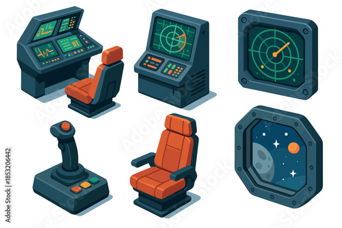 Futuristic spaceship cockpit elements and control panels, including seats, joysticks, and radar screens, essential for space exploration and interstellar travel.