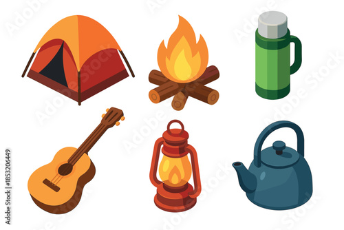 Camping and outdoor adventure equipment collection featuring tent, campfire, thermos, guitar, lantern, and kettle in isometric style.