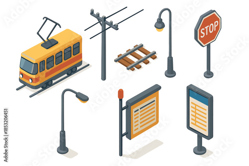Isometric urban transportation elements and street furniture collection featuring a tram, stop sign, streetlights, and information boards in a modern flat design style.