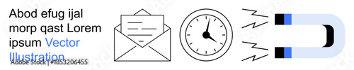 Marketing strategies, time efficiency, communication, emails, scheduling, attraction. Envelope, clock and magnet icons with text. Marketing strategies and time efficiency conceptual design